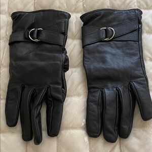 Adrienne Vittadini Black Leather Gloves with Silver Buckles